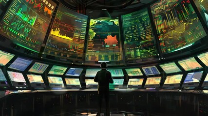 Poster - Futuristic control room with numerous screens displaying data
