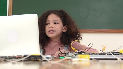 Poster - Attractive african student programing system while looking at camera. American girl working on her laptop while coding engineering prompt and generating AI by using software at Stem lesson. Pedagogy.