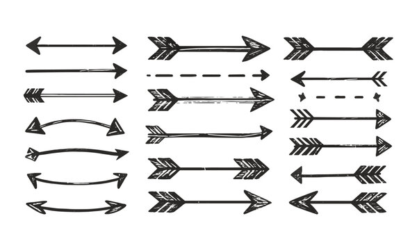  Scalable vector illustration of hand-drawn arrows in various directions and styles, a Set of black hand drawn grunge doodle spiral and curved charcoal, chalk arrows, easily editable.