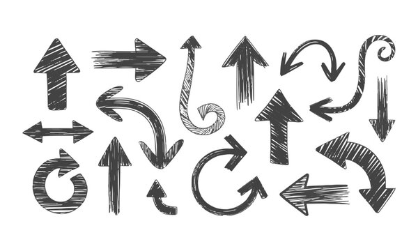  Scalable vector illustration of hand-drawn arrows in various directions and styles, a Set of black hand drawn grunge doodle spiral and curved charcoal, chalk arrows, easily editable.