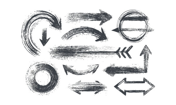 Scalable vector illustration of hand-drawn arrows in various directions and styles, a Set of black hand drawn grunge doodle spiral and curved charcoal, chalk arrows, easily editable.
