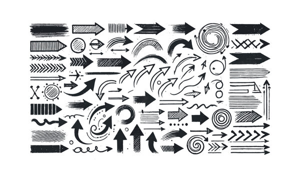  Scalable vector illustration of hand-drawn arrows in various directions and styles, a Set of black hand drawn grunge doodle spiral and curved charcoal, chalk arrows, easily editable.