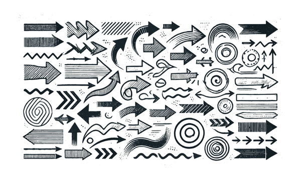  Scalable vector illustration of hand-drawn arrows in various directions and styles, a Set of black hand drawn grunge doodle spiral and curved charcoal, chalk arrows, easily editable.