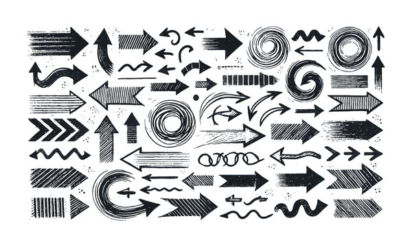  Scalable vector illustration of hand-drawn arrows in various directions and styles, a Set of black hand drawn grunge doodle spiral and curved charcoal, chalk arrows, easily editable.