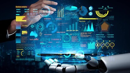 Poster - AI artificial intelligence drives data analytics with predictive models, smart dashboards, and virtual assistant insights for data-driven business decisions.