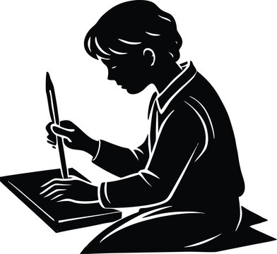 teen practicing calligraphy silhouette,teen writing with brush pen silhouette