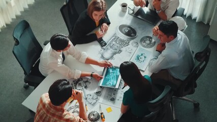 Poster - Group of diverse team planning strategy while sitting at table with project plan. Top aerial view of smart business people working together to brainstorm and design house construction. Alimentation.