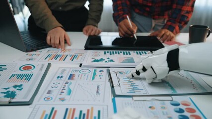 Poster - During a business meeting, a consultant and an assistant use an artificial intelligence AI assistant for data analytics, marketing, research, collaboration, and plan using technology. Noogenesis AI