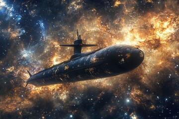 Poster - Submarine with wings navigating the Milky Way galaxy at the edge of a cosmic explosion, Submarine with wings flying across the milky way galaxy, ship fantasy