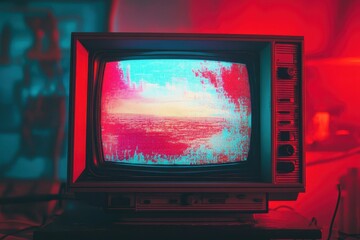 Poster - Old television displaying colorful noise from a VHS VCR in a retro-styled room, VHS vcr playing old video tape, television screen with glitch effect