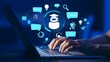 © Arnab Dey - AI-powered teaching solutions. Intelligent tutoring systems and personalized learning. Man using laptop computer to learn with artificial intelligence tutor.