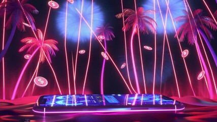 Poster - Neon palm trees, smartphone, and falling money
