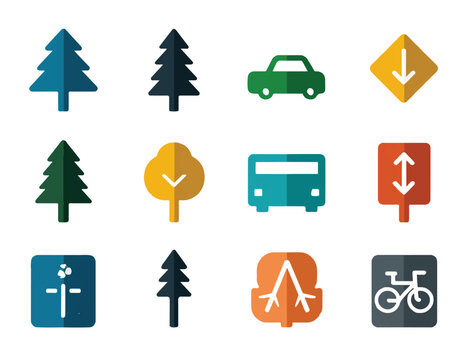 Collection of Transportation and Environmental Icons Featuring Trees Vehicles and Road Signs Perfect for Infographics and Design Projects