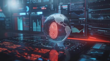 Poster - Futuristic holographic display with a 3D globe and fingerprint