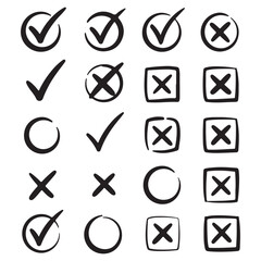 Poster - Selection of Hand Drawn Check Marks and Crosses in Various Styles Featuring Circles and Squares