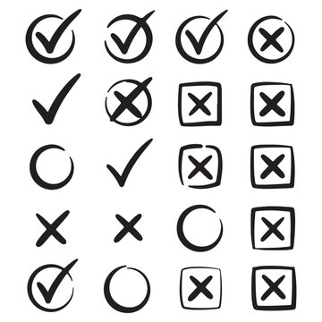 Selection of Hand Drawn Check Marks and Crosses in Various Styles Featuring Circles and Squares