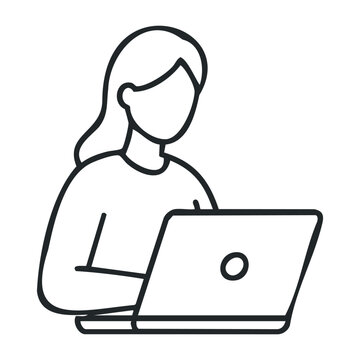 Female working on laptop icon design in monochrome line style. Vector illustration