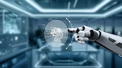 Poster - A robotic hand interacts with a high-tech digital interface, emphasizing artificial intelligence and data visualization in a modern workspace, showcasing innovation and technology. Auvana