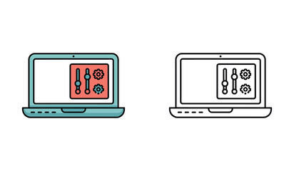Poster - Laptop with Settings Interface Displayed Two Stylized Illustrations One with Color and One with Black Lines