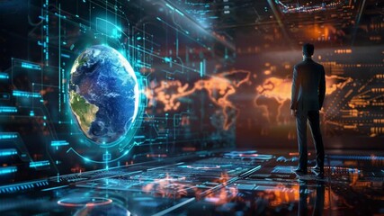 Poster - Futuristic digital interface with global data projections and a business person
