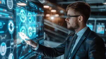 Poster - Businessman interacting with a futuristic holographic display