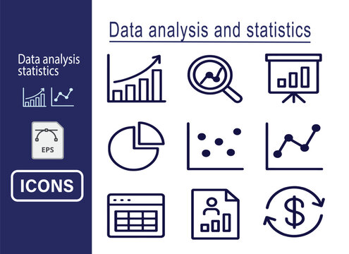 Data analysis and statistics icon set, minimalistic outline style, modern design, vector icons for reports and dashboards
