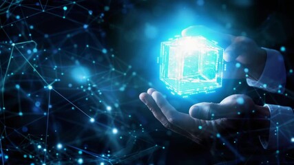 Poster - Holographic cube held by a hand, digital network background