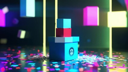 Poster - Colorful gift box on a surface with confetti and neon lighting