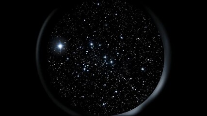 Poster - View of the starry sky through a round telescope lens with bright stars