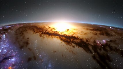 Poster - A spiral galaxy with a bright center surrounded by stars and clouds of gas in space