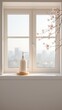 © Muksuthida - Minimalist indoor aesthetic of a white lotion dispenser on a window sill with blossoming branches and blurred background