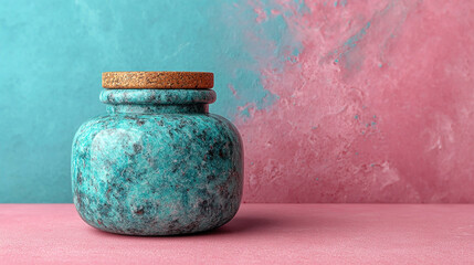 Poster - Beautiful stone jar with cork lid on colorful background in a bright studio setting