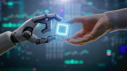 Fototapete - Futuristic Concept of Humanity and Artificial Intelligence Collaboration: Visualization of Human Giving Computer Microchip for Data Processing to Humanoid Robot. Symbol of Human-Machine Teamwork.