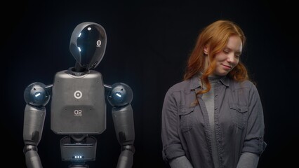 Fototapete - Visualization of Futuristic People and Robots Concept: VFX Animation of High-Tech Humanoid Robot Prototype of Young Woman. Connection and Collaboration Between Humanity and Artificial Intelligence.