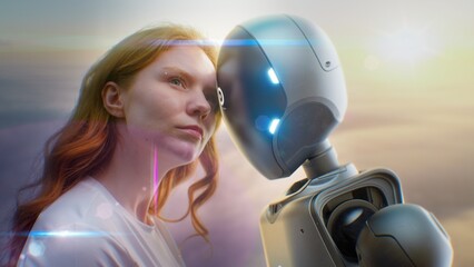 Fototapete - Futuristic Human-Machine Concept: Visualization of Young Woman Gently Touching Foreheads with Humanoid Robot at Sunset. Symbol of Love, Connection, Harmony Between Humanity and Artificial Intelligence