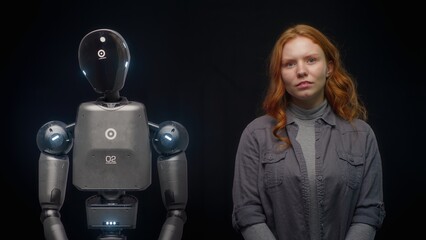 Fototapete - Visualization of Futuristic People and Robots Concept: VFX Animation of High-Tech Humanoid Robot Prototype of Young Woman. Connection and Collaboration Between Humanity and Artificial Intelligence.