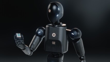 Fototapete - Artificial Intelligence Future Digitalization Concept: Visualization of Advanced Humanoid Robot Holding Motherboard CPU Processor with AI Symbol. Computer Microchip for Data Information Processing.