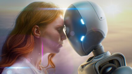 Fototapete - Futuristic Human-Machine Concept: Visualization of Young Woman Gently Touching Foreheads with Humanoid Robot at Sunset. Symbol of Love, Connection, Harmony Between Humanity and Artificial Intelligence