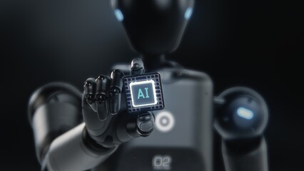 Fototapete - Visualization of High-Tech Humanoid Robot Holding Computer Microchip for Data Information Processing. Motherboard CPU Processor with AI Symbol. Futuristic Artificial Intelligence Technology Concept.