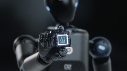 Fototapete - Artificial Intelligence Future Digitalization Concept: Visualization of Advanced Humanoid Robot Holding Motherboard CPU Processor with AI Symbol. Computer Microchip for Data Information Processing.