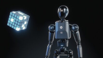 Fototapete - Visualization of High-Tech Humanoid Robot Interacting with Levitating Hologram of Digital Cube, Showcasing Artificial Intelligence. Futuristic Concept of Advanced Robotics, Virtual Data Digitalization