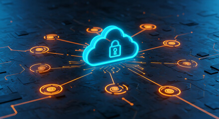 Poster - Cybersecurity: A luminous cloud with a prominent lock symbol underscores the concept of data protection in a digital network, showcasing interconnected nodes. 