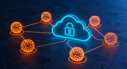 Poster - Digital Fortress: Illuminated network security illustration with a glowing cloud-shaped symbol of digital protection at the center, connected to several bright orbs, representing data nodes.