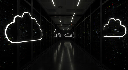 Poster - Digital Cloud Connectivity: Futuristic digital clouds glowing, represent data and information flow in a server room setting