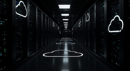 Poster - Digital Cloud Servers: Futuristic view of server room showcasing cloud computing technology and data storage