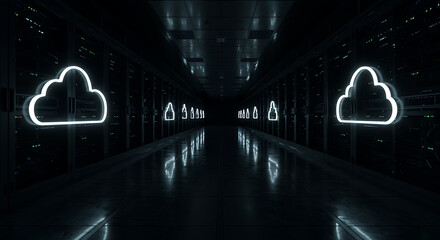Poster - Cloud Data Center: A modern, futuristic data center, with illuminated cloud symbols creating a captivating visual experience of technology and connectivity, showcasing data storage.