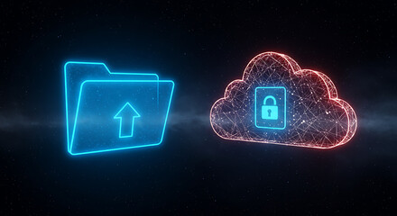 Poster - Digital Fortress: A striking digital rendering depicts a folder transferring data to a secure cloud storage symbol. The imagery highlights data privacy and the essence of secure online storage