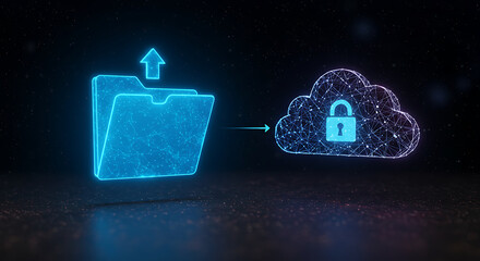 Poster - Secure Cloud Data: The image vividly illustrates digital security. A glowing folder sends data towards a cloud, symbolizing secure storage and online protection.