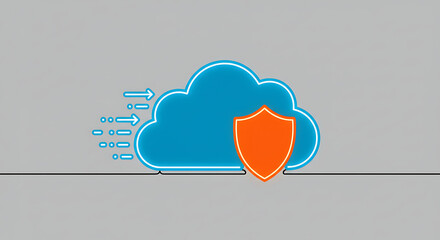 Poster - Cloud Data Protection: A visual representation of secure data transmission. A shield icon symbolizes security, safeguarding digital information within a cloud data center.