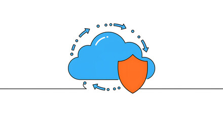 Poster - Cloud Security: A digital shield and arrows protecting a cloud icon, symbolizing secure data transfer and information safeguarding.